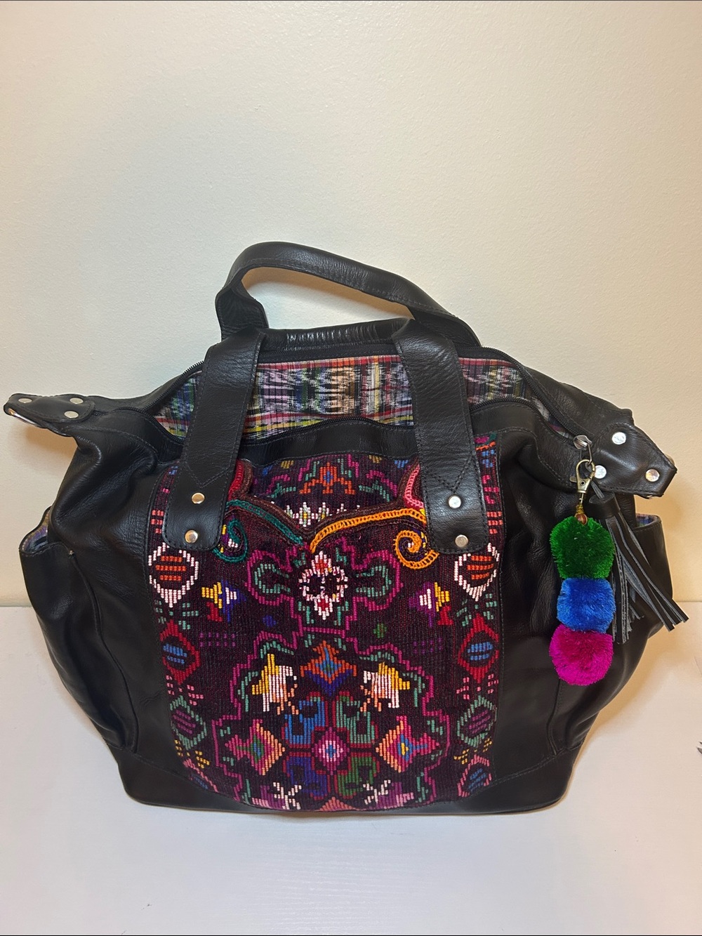 Boho Embroidered Black Tote with Multicolor Pom-Pom Charm